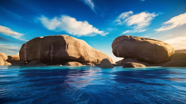 Fotografia de paisagem de grandes bedrocks em um mar azul aberto com um céu azul claro e ensolarado