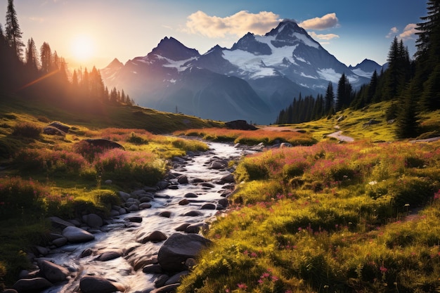 Fotografia de paisagem de prado alpino no pôr-do-sol Inteligência Artificial Gerativa