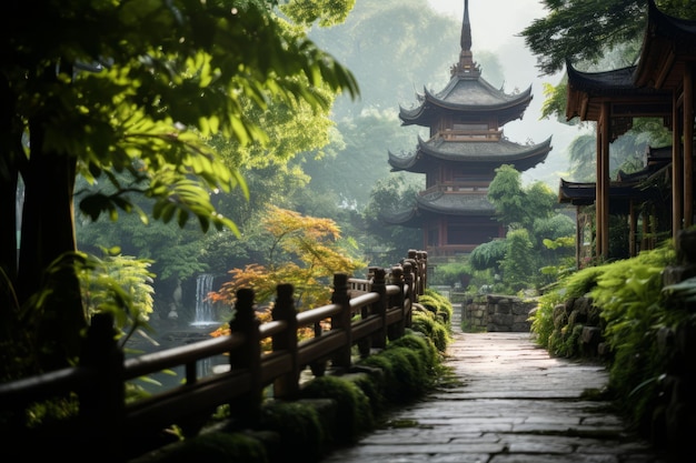 Fotografia de paisagem de uma antiga pagoda aninhada em meio à IA geradora