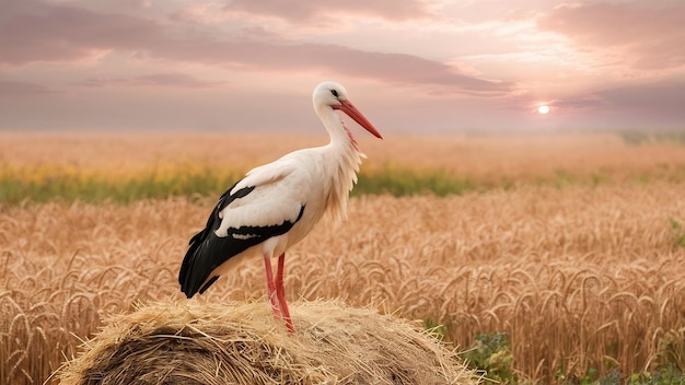 Foto fotografia de paisagem de uma cegonha em um rolo de feno em um campo na frança