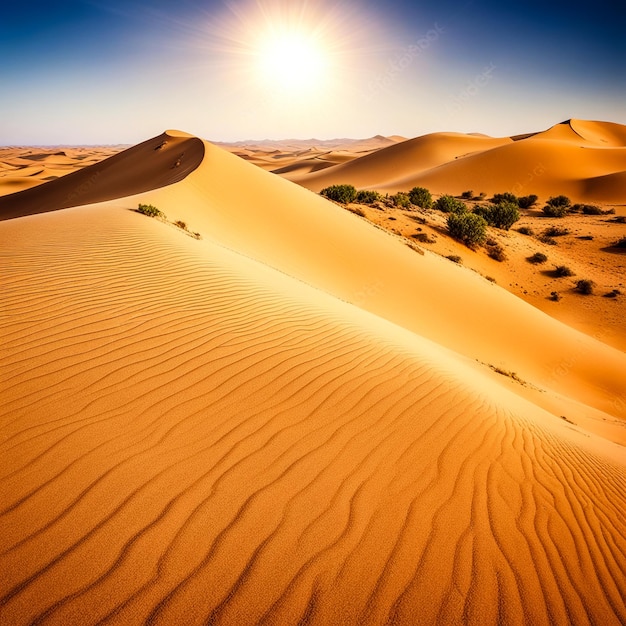 Foto fotografia de paisagem deserto do saara dunas de areia com vegetação em um dia ensolarado vista da paisagem colinas do deserto com areia no céu azul do verão saara tozeur cidade tunísia áfrica copia espaço de texto de anúncio