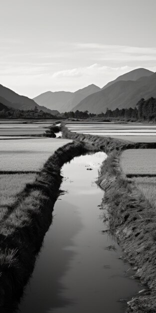 Fotografia de paisagem monocromática de profundidade de arroz e montanha