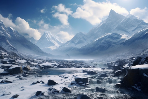 Fotografia de paisagens montanhosas com picos cobertos de neve