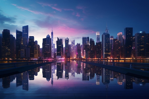 Fotografia de paisagens urbanas com arranha-céus iluminados ao anoitecer