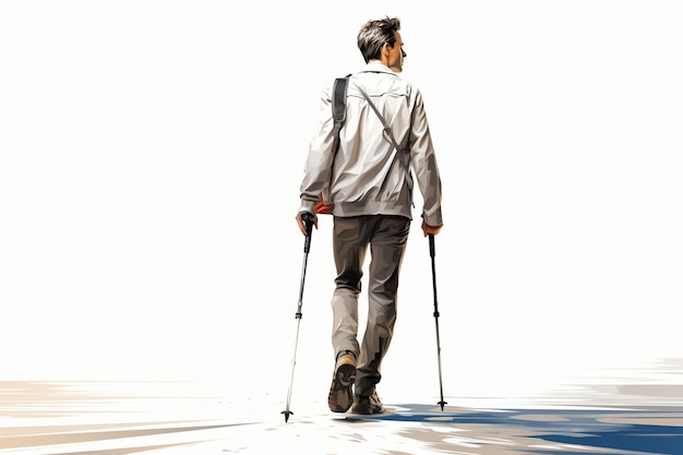 Fotografia de perfil de comprimento completo de um jovem caminhando com uma mochila isolada em fundo branco