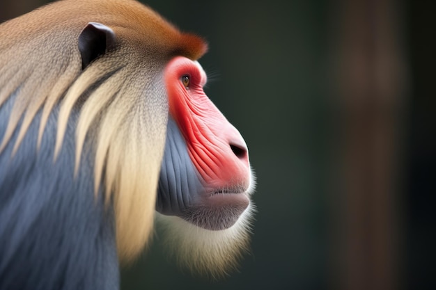 Fotografia de perfil de um mandril com focinho proeminente contra a floresta