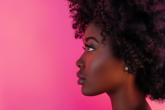 Fotografia de perfil de uma mulher afro impressionante em fundo rosa brilhante