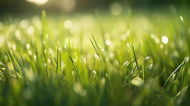 Fotografia de perto da grama matinal com luz solar com uma ótima vista da natureza IA geradora