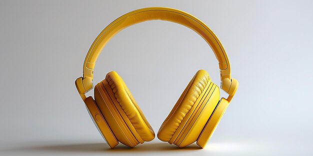 Foto fotografia de perto de fone de ouvido amarelo com fundo branco de estúdio com um grande espaço para texto ou publicidade de produto ia geradora