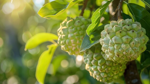 Fotografia de perto de maçã de creme ou maçã-de-açúcar pendurada em uma árvore com um grande pano de fundo da natureza borrada com um grande espaço para texto ou anúncio de produto IA geradora