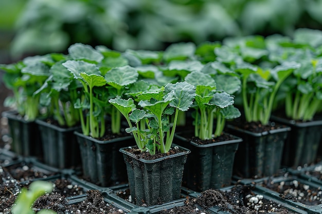 Fotografia de perto de sementes de brócolis prontas para transplante no campo com um grande espaço para texto ou publicidade de produto um pano de fundo agrícola IA geradora