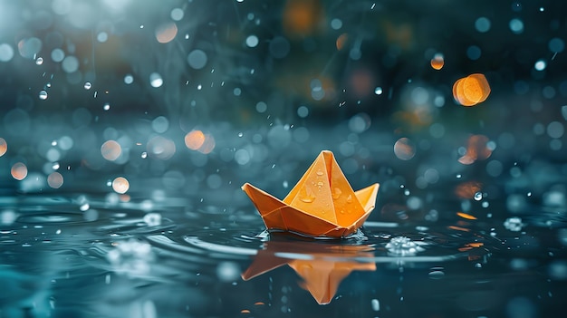 Fotografia de perto de um barco de papel flutuando na água da chuva com ondas e espaço para texto ou publicidade de produto IA geradora
