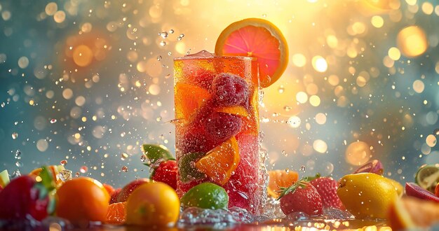 Fotografia de perto de um copo de suco de coquetel de frutas com muitas frutas ao seu redor com um espaço de cópia representando o refresco de verão IA geradora