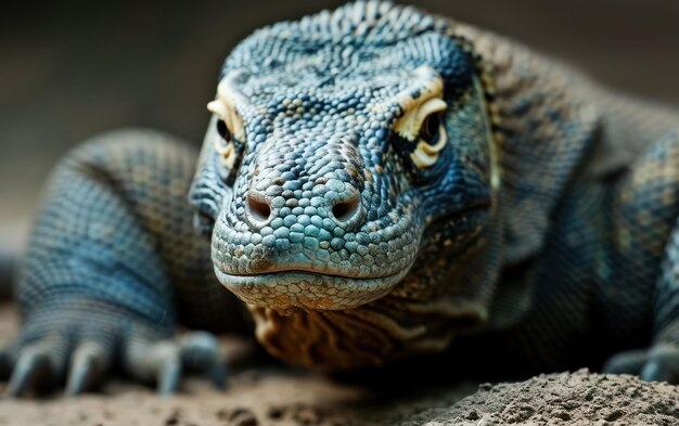 Fotografia de perto de um dragão de Komodo com os olhos brilhantes
