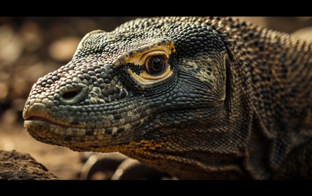 Fotografia de perto de um dragão de Komodo com os olhos brilhantes