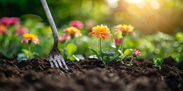 Fotografia de perto de um garfo de jardinagem e flores de primavera coloridas e vibrantes com espaço para texto ou ferramentas de jardinagem.