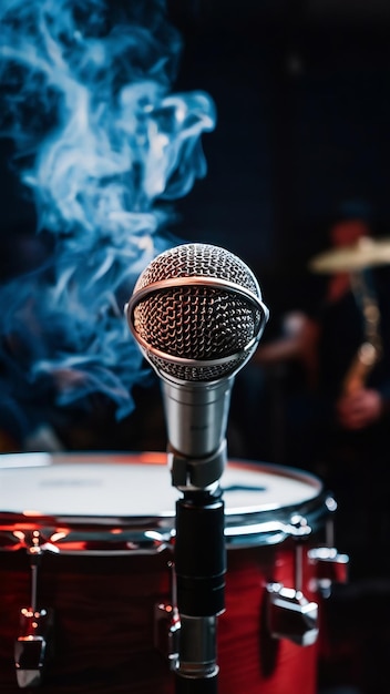Fotografia de perto de um microfone perto do tambor com fumaça