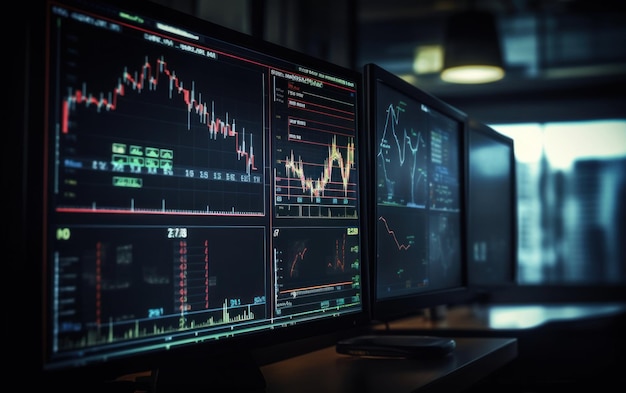 Fotografia de perto de um monitor mostrando um gráfico de ações financeiras