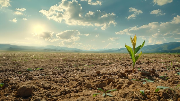 Fotografia de perto de um trigo jovem semeando no campo com um fundo de nascer do sol e um grande espaço para texto ou produto IA geradora