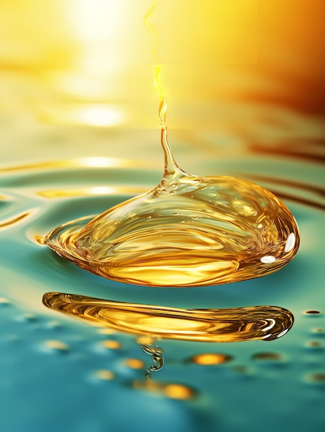 Fotografia de perto de uma gota de óleo em um fundo amarelo com salpicos de IA gerativa
