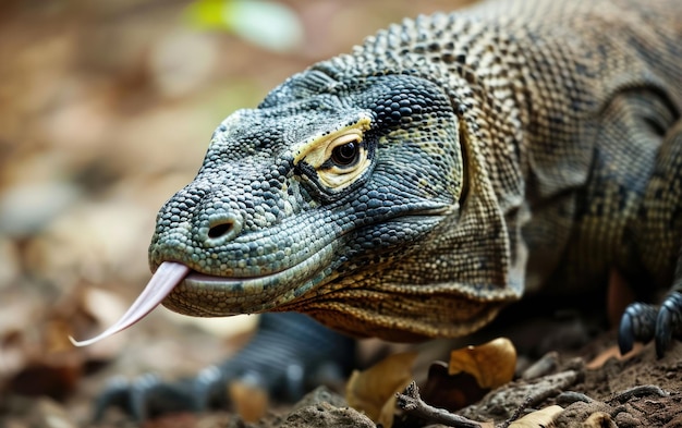 Fotografia de perto de uma língua bifurcada de um dragão de Komodo