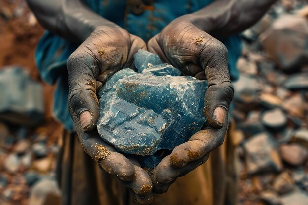 Fotografia de perto de uma mão de mineiro segurando um pedaço de cobalto bruto com um fundo desfocado e espaço para texto ou produto IA geradora