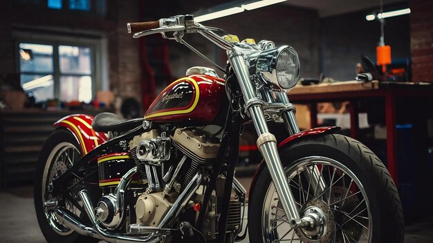 Foto fotografia de perto de uma motocicleta bonita e feita sob medida na oficina