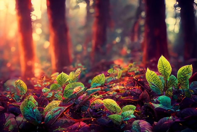 Fotografia de perto Floresta mágica com plantas vibrantes e brilhantes fundo