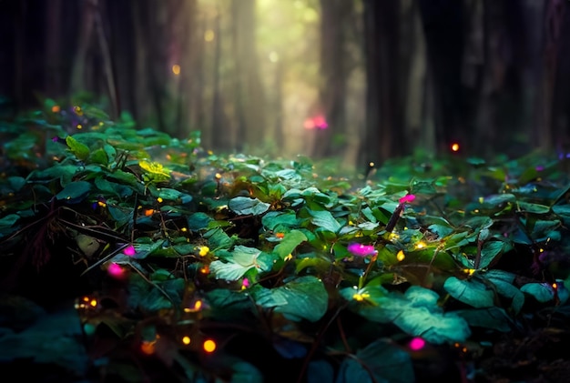 Fotografia de perto Floresta mágica com plantas vibrantes e brilhantes fundo