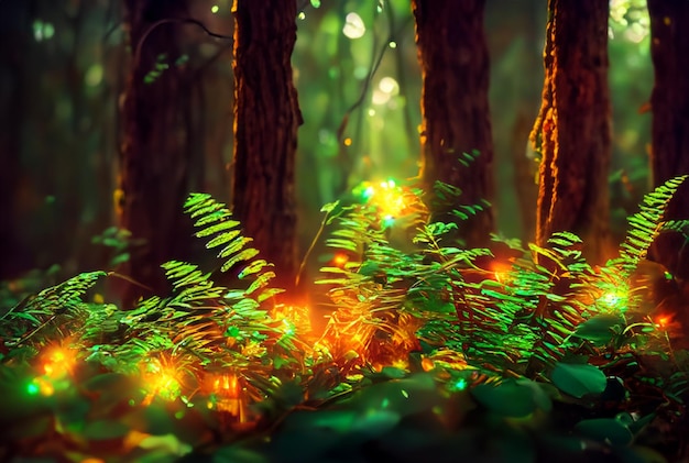 Fotografia de perto Floresta mágica com plantas vibrantes e brilhantes fundo