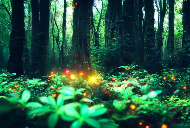 Fotografia de perto Floresta mágica com plantas vibrantes e brilhantes