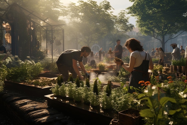 Fotografia de pessoas a trabalhar em jardins urbanos