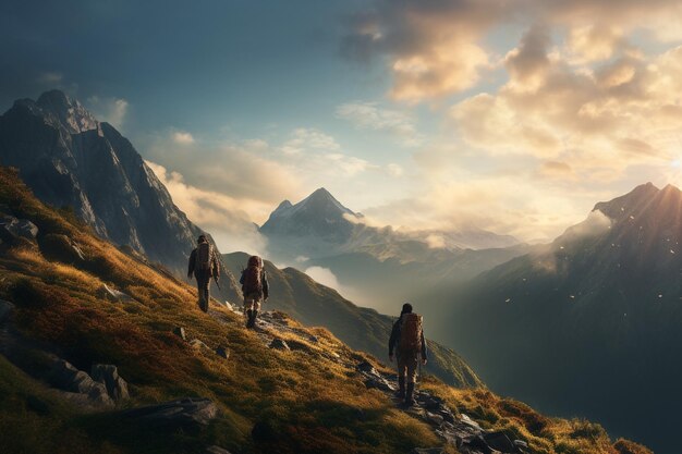 Fotografia de pessoas caminhando em montanhas majestosas ao amanhecer