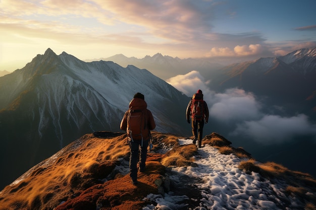 Fotografia de pessoas caminhando nas montanhas com vistas deslumbrantes ao amanhecer