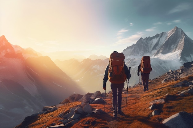 Fotografia de pessoas caminhando nas montanhas com vistas deslumbrantes ao amanhecer