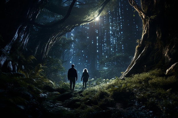 Fotografia de pessoas explorando florestas encantadas à luz da lua