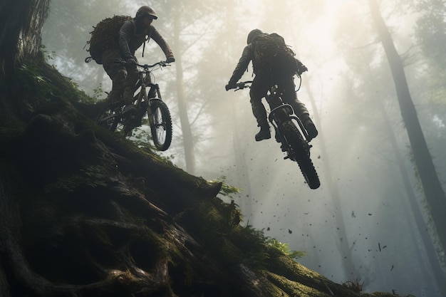 Fotografia de pessoas praticando esportes extremos na floresta