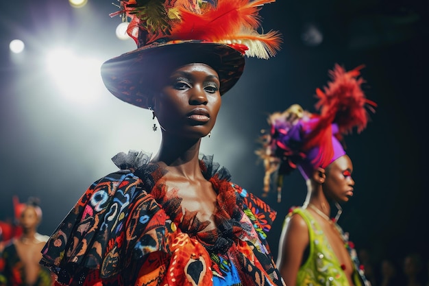 Fotografia de pista com modelos vestindo desenhos de vanguarda empurrando os limites da moda Exibição de pista em negrito com modelos vestidos com desenhos de avant-garde empurrando as fronteiras da moda