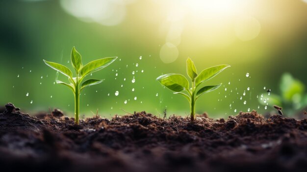 fotografia de plantas jovens crescendo no chão com gotas chovendo, salvando o mundo e o conceito de ambiente verde verde