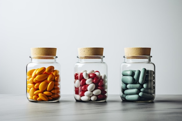 fotografia de potes com pílulas diferentes em fundo cinza