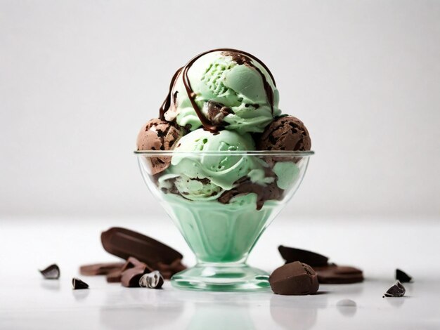 Fotografia de produto de sorvete de chocolate de menta em uma tigela.