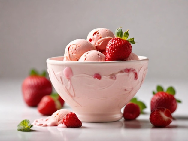 Fotografia de produto de sorvete de morango em uma tigela com fundo branco.