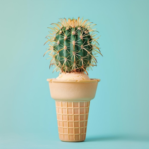 Fotografia de produto de um cone de sorvete com um cacto redondo com grandes espinhos isolados de cor pastel