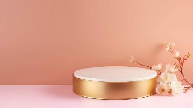 Fotografia de produto minimalista de um bolo branco sobre uma mesa rosa com base texturizada e fundo redondo