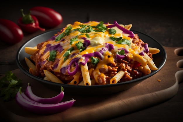 Fotografia de produtos alimentícios Chili Cheese and Red Onion Loaded Fries Generative AI