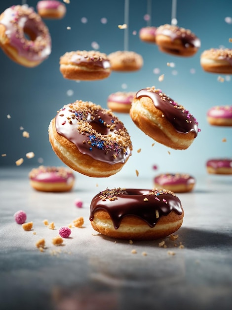 Fotografia de produtos de donuts flutuando no ar