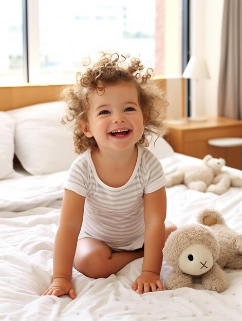 Fotografia de retrato de bebê alemã de cabelo encaracolado sorrindo