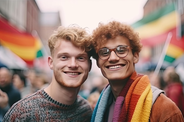 Fotografia de retrato de dois gays felizes com bandeiras lgbt na parada gay Generative AI Technology