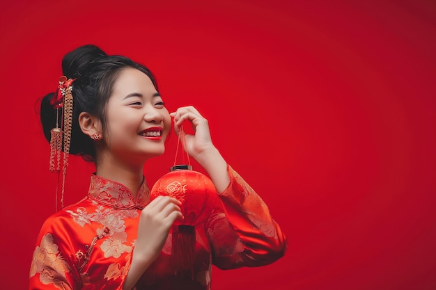 Foto fotografia de retrato de mulher chinesa asiática sorrindo em vestido tradicional cheongsam qipao em fundo vermelho conceito de festival de ano novo chinês