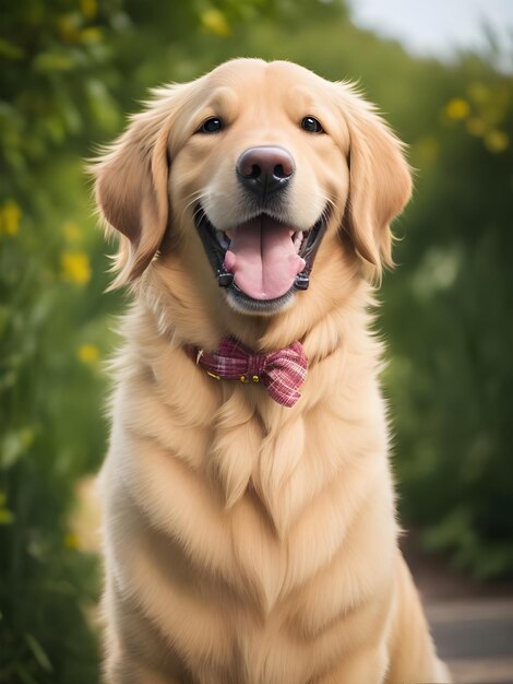Fotografia de retrato de tiro médio de um golden retriever sorridente com Bulldog no jardim
